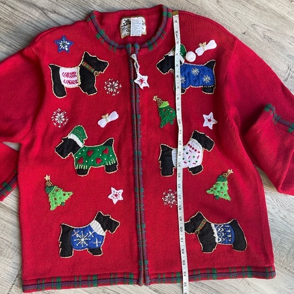 Vintage Christmas Sweater Scottish Terrier Dogs Zipper Front Red/Green SZ L - Picture 11 of 13